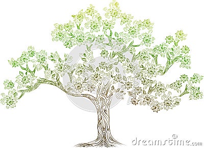 Vector tree with flowes Cartoon Illustration