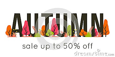 Vector trendy autumn sale banner for autumnal shopping season. Background with letters, trees and plants for shop discount card, Vector Illustration