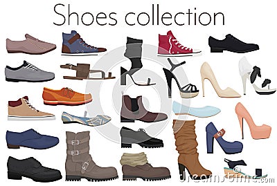 Vector trendy collection of men`s and women`s shoes fashion footwear. Vector Illustration