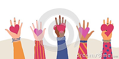 Vector trendy illustration with different hands holding heart. Concept of giving and sharing love to people, volunteering, charity Vector Illustration