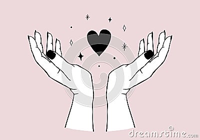 Vector trendy illustration of gesture - hands holding heart in modern minimal and tattoo style. Design template for logo, print, Vector Illustration