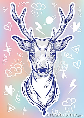 Vector trendy illustration with sketch style deer and doodle signs around. Concept art. Tattoo, astrology, alchemy, magic, travel. Vector Illustration