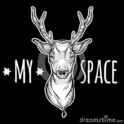 Vector trendy illustration with sketched deer head. My space. Concept art. Tattoo, prints, textile, magic, space and nature symbol Vector Illustration