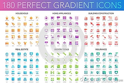 180 vector trendy perfect gradient icons set of 180 modern thin line icons set of household, home appliances, building Vector Illustration