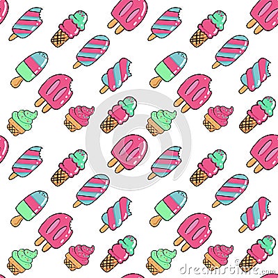 Vector trendy seamless pattern with bitten ice cream. Modern summer fashion print on white background. Outline color hand drawn Vector Illustration