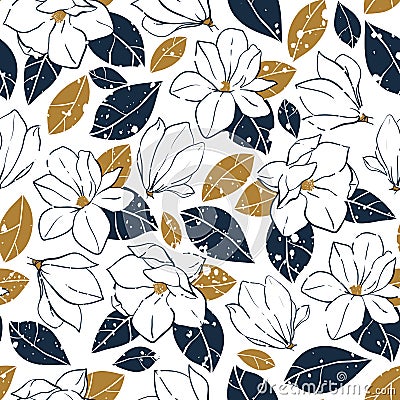 Vector trendy seamless pattern with botanical elements in vintage style.Magnolia flowers,buds and leaves in deep blue and mustard Vector Illustration