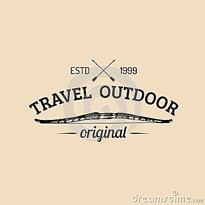 Vector tribal camp logo. Tourist sign with hand drawn image of indian bow and arrows. Retro label of outdoor adventures. Vector Illustration