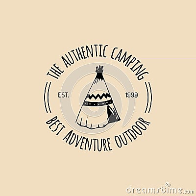 Vector tribal camp logo. Tourist sign with hand drawn indian wigwam. Retro hipster emblem, label of outdoor adventures. Vector Illustration