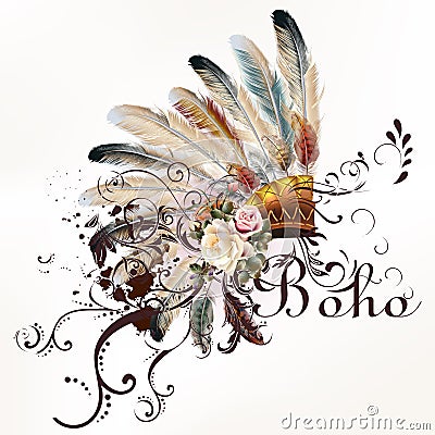 Vector tribal design in boho style. Headdress with feathers Cartoon Illustration