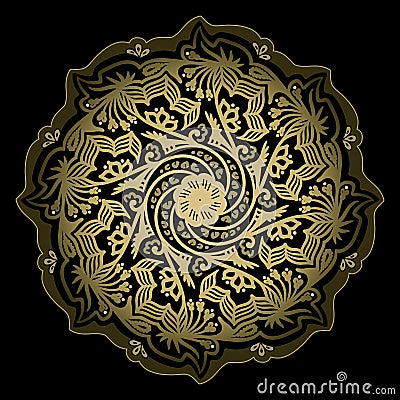 Vector tribal golden color mandala on a black background. Vector Illustration