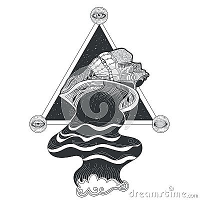 Vector tribal pattern tattoo with flow of water flowing out of seashells and of sacred geometry. Vector Illustration