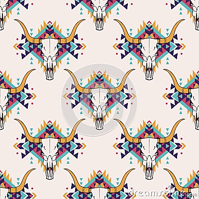 Vector tribal seamless pattern with bull skull and decorative ethnic ornament Vector Illustration