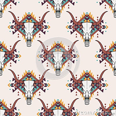 Vector tribal seamless pattern with bull skull and decorative ethnic ornament Vector Illustration