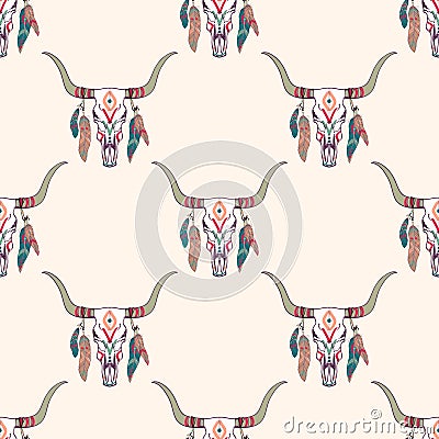 Vector tribal seamless pattern with bull skull and ethnic feathers. Vector Illustration