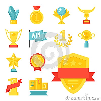 Vector trophy champion cup flat icon winner gold award prize sport success best win golden illustration. Vector Illustration