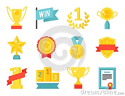 Vector trophy champion cup flat icon winner gold award prize sport success best win golden illustration. Vector Illustration