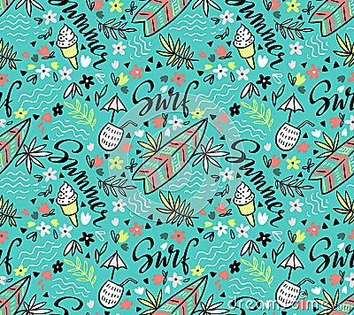 Vector tropical bright seamless pattern with surfboard, cocktail, ice cream, floral elements. Vector Illustration
