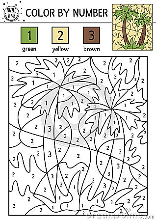 Vector tropical color by number activity with palm tree. Summer coloring and counting game with cute exotic. Funny jungle Vector Illustration