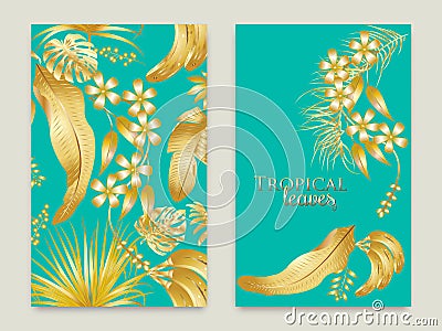 Vector tropical cover with golden leaves on greenish-blue background Vector Illustration