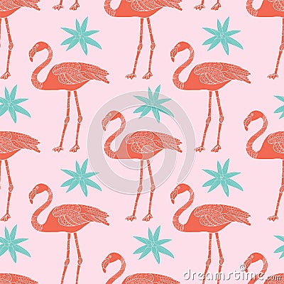 Vector tropical flamingos and flowers seamless pattern on pink background Vector Illustration