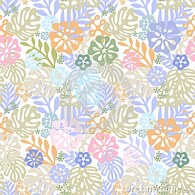 Vector tropical flowers patten. seamless design with gorgeus botanical elements, hibiscus, palm, bird of paradise Vector Illustration