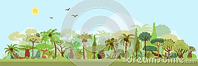 Vector tropical rainforest landscape with palms and other tropical trees. Tropical forest panoramic illustration. Flat Vector Illustration