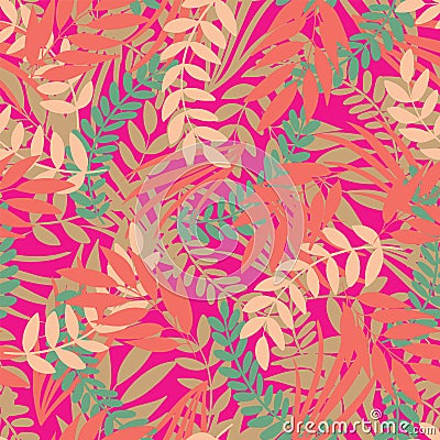 Vector tropical leaves seamless pattern on bright pink background Vector Illustration