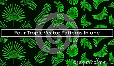 4 in 1 Tropical and palm leaves elements as green patterns set Vector Illustration