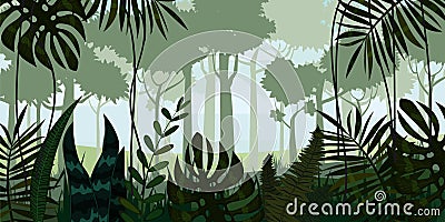 Vector tropical rainforest Jungle landscape background with leaves, fern, , illustrations Vector Illustration
