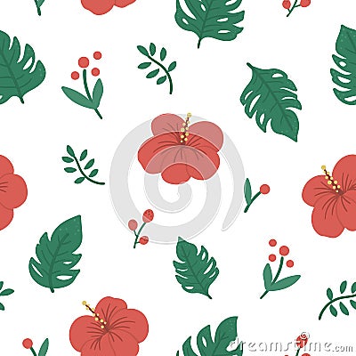 Vector tropical seamless pattern with monstera leaves and flowers. Jungle foliage repeat background. Hand drawn flat exotic plants Vector Illustration