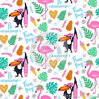 Vector tropical seamless pattern with pink flamingo, toucan, tropic leaves. Exotic background. Vector Illustration