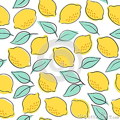 Vector Tropical seamless pattern with yellow lemons and lemon leaves. Hand drawn lemons pattern on white background Vector Illustration