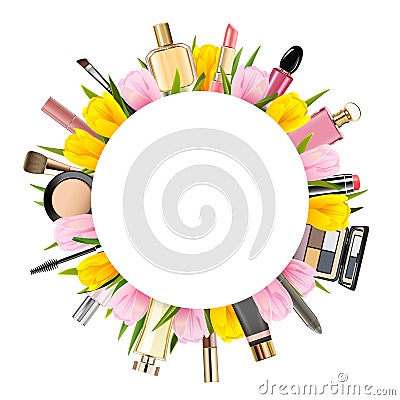 Vector Tulips Round Frame with Cosmetics Vector Illustration