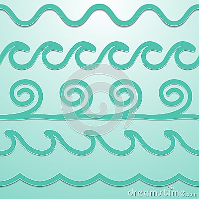 Vector turquoise line waves set, papercut style Vector Illustration