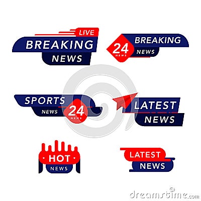 Vector tv news banner interface set. news label strip icon, live news, hot news, sports and latest, breaking news. live stream Vector Illustration