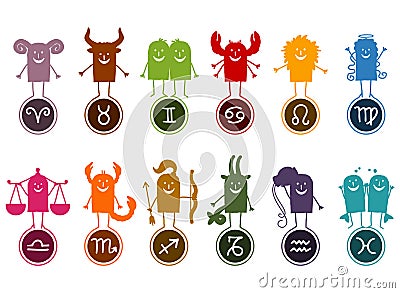 Twelve Zodiac Silhouette Cartoon Signs Vector Illustration