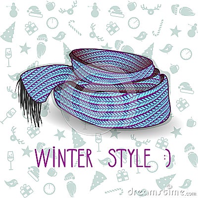 Vector twisted blue knitted scarf. Vector Illustration