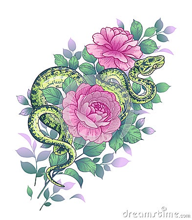 Vector Twisted Snake and Pink Rose Flowers Vector Illustration