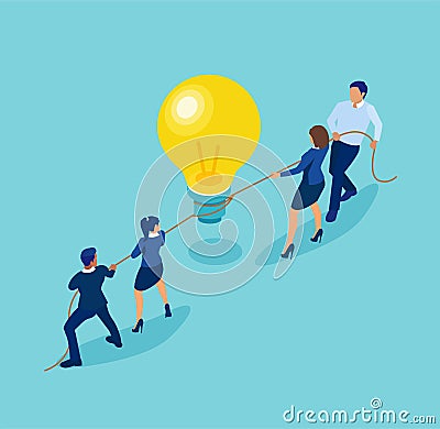 Vector of two competing groups of businesspeople in a tug of war over a new idea Vector Illustration