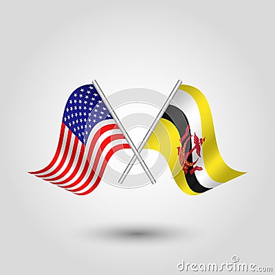 vector crossed american bruneian flags on silver sticks - symbol of united states of america and brunei Vector Illustration