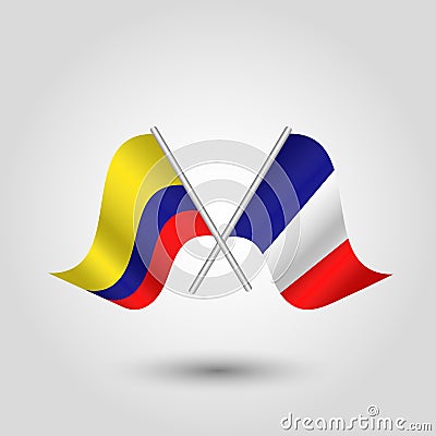 Vector crossed colombian and french flags on silver sticks - symbol of colombia and france Vector Illustration