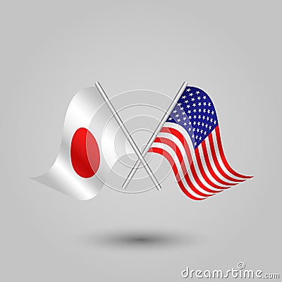 Vector two crossed japanese and american flags on silver sticks japan and united states of america Vector Illustration