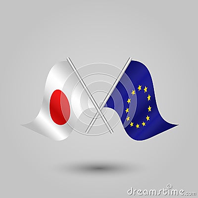 Vector two crossed japanese and european union flags on silver sticks japan and eu Vector Illustration