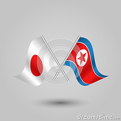 Vector two crossed japanese and korean flags on silver sticks japan and north korea Vector Illustration