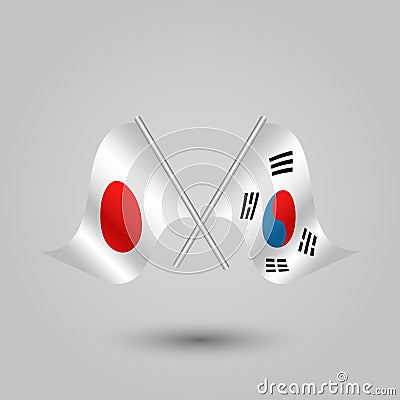 Vector two crossed japanese and korean flags on silver sticks japan and south korea Vector Illustration