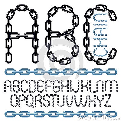 Vector type font, script from a to z. Upper case creative letters, abc made with steel chain link. Vector Illustration