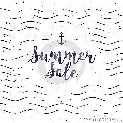 Vector typographic illustration of handwritten Sale retro label with light rays. Promotional lettering composition. Vector Illustration