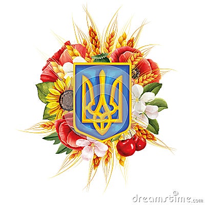 Vector Ukrainian coat of arms with symbols of Ukraine Vector Illustration