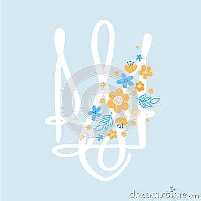 Vector ukrainian symbol Trident icon with flowers on blue background. Hand drawn calligraphy Coat of Arms of Ukraine Vector Illustration