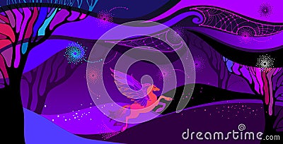 Vector Ultra violet landscape with mythology Pegasus in orange and pink. Ð¡omposition with space cloudy sky, field and trees. Vector Illustration